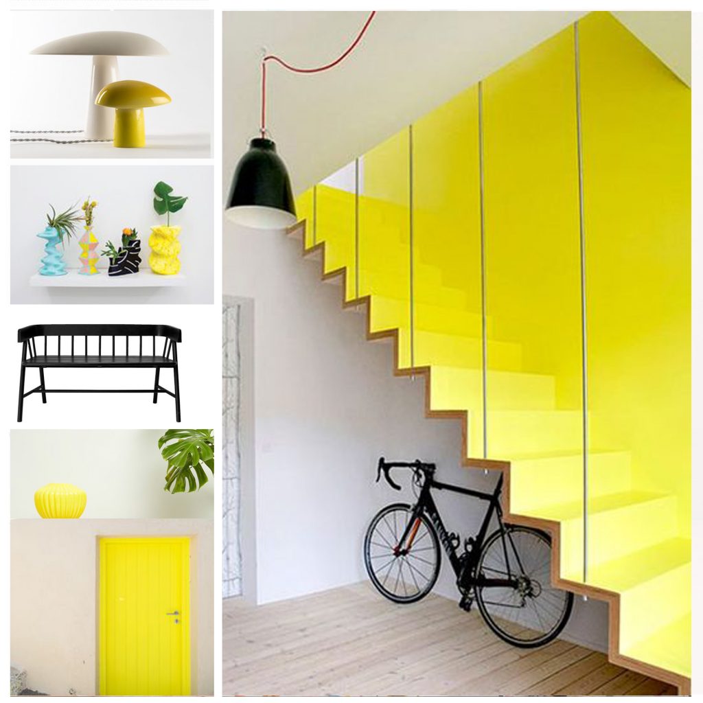 planche tendance, moodboard blanc et jaune, sylvie Guénézan, architecte d'intérieur à Lille. Potentiel maison