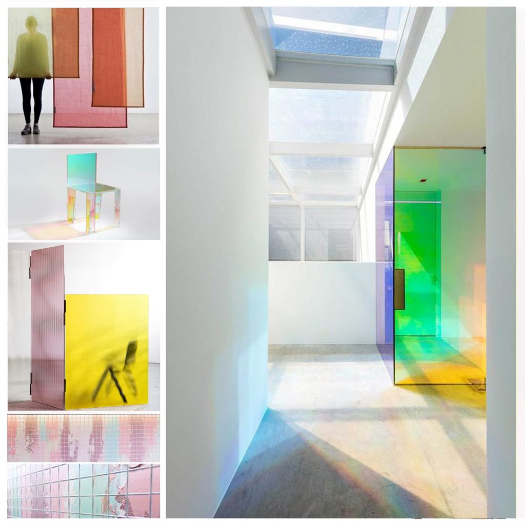 planche tendance, moodboard couleur  acidulées et translucides sylvie Guénézan, architecte d'intérieur à Lille. Potentiel maison