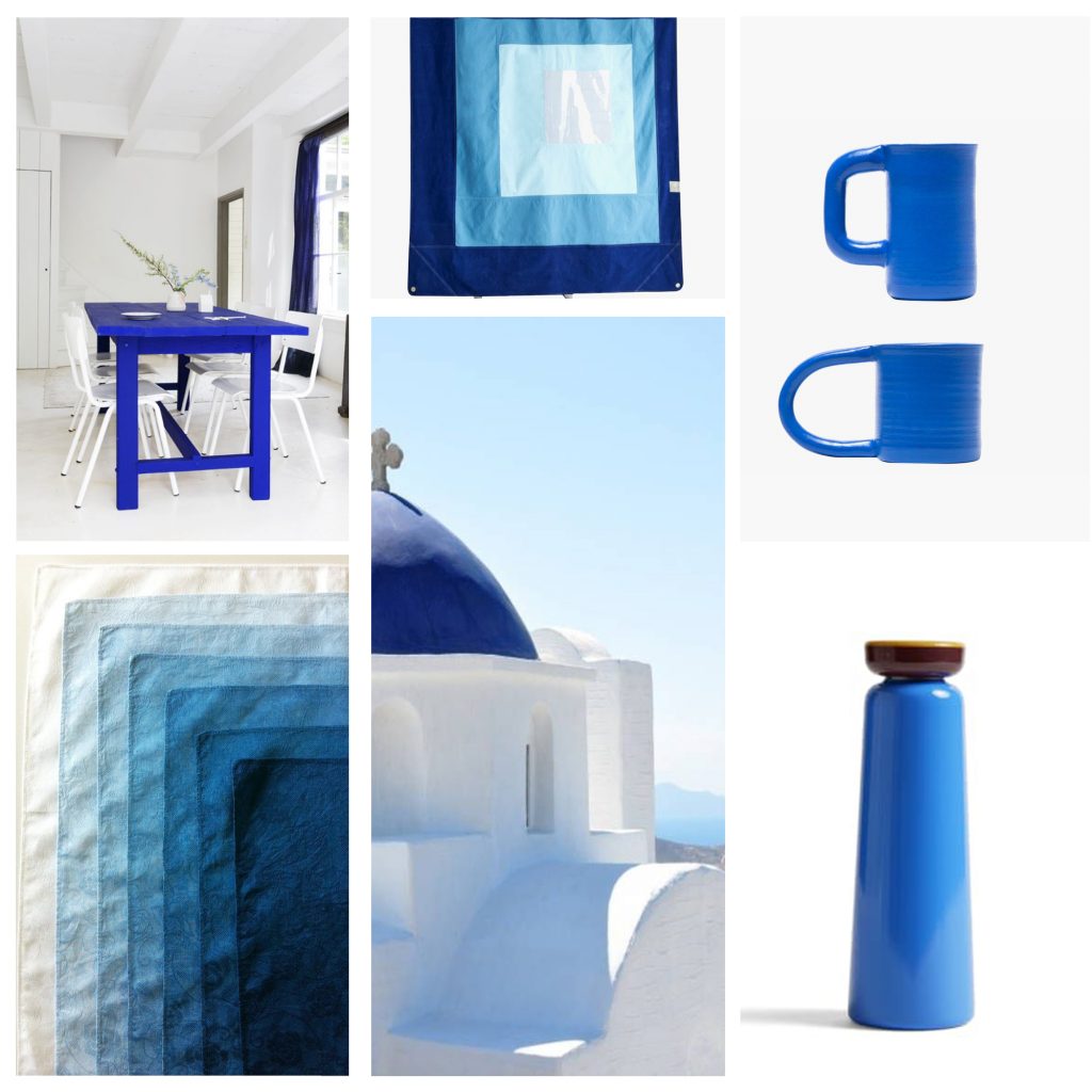 planche tendance, moodboard bleu grec, sylvie Guénézan, architecte d'intérieur à Lille. Potentiel maison