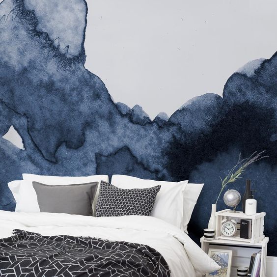 mur bleu gris, chambre bleu gris, chambre bleu encre, mur panoramique papier peint, panoramique mural chambre, déco mural panoramique, papier peint panoramique abstrait, chambre bleue et blanche