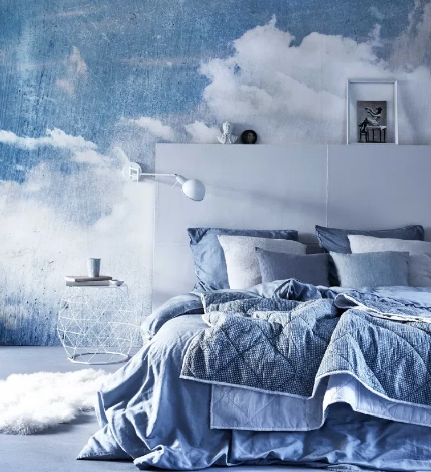 mur bleu gris, chambre bleu gris, chambre bleu encre, mur panoramique papier peint, panoramique mural chambre, déco mural panoramique, papier peint panoramique abstrait, chambre bleue et blanche, papier peint panoramique ciel, panoramique ciel et nuages